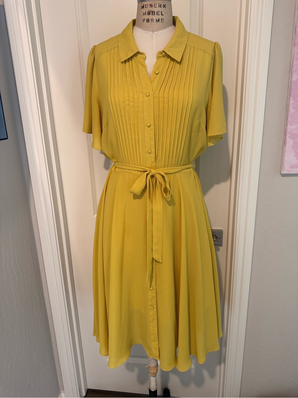 Nanette Lepore Yellow Pleated Midi Shirt Dress with Tie Waist